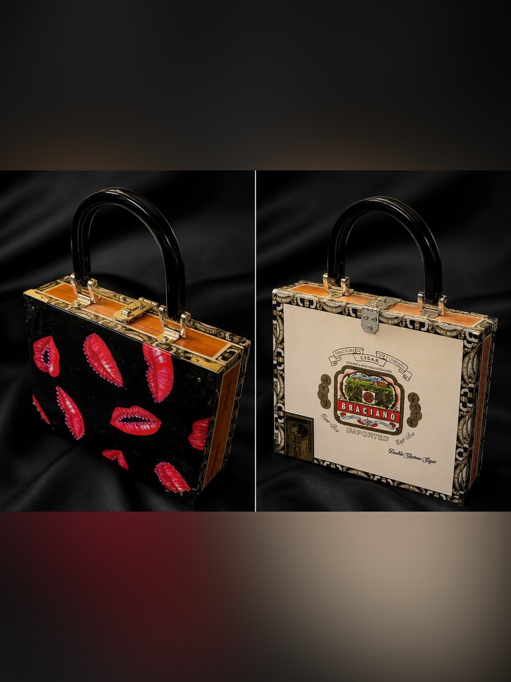 Vintage Bracciano Cigar Box Handbag with Red Lip Appliqués